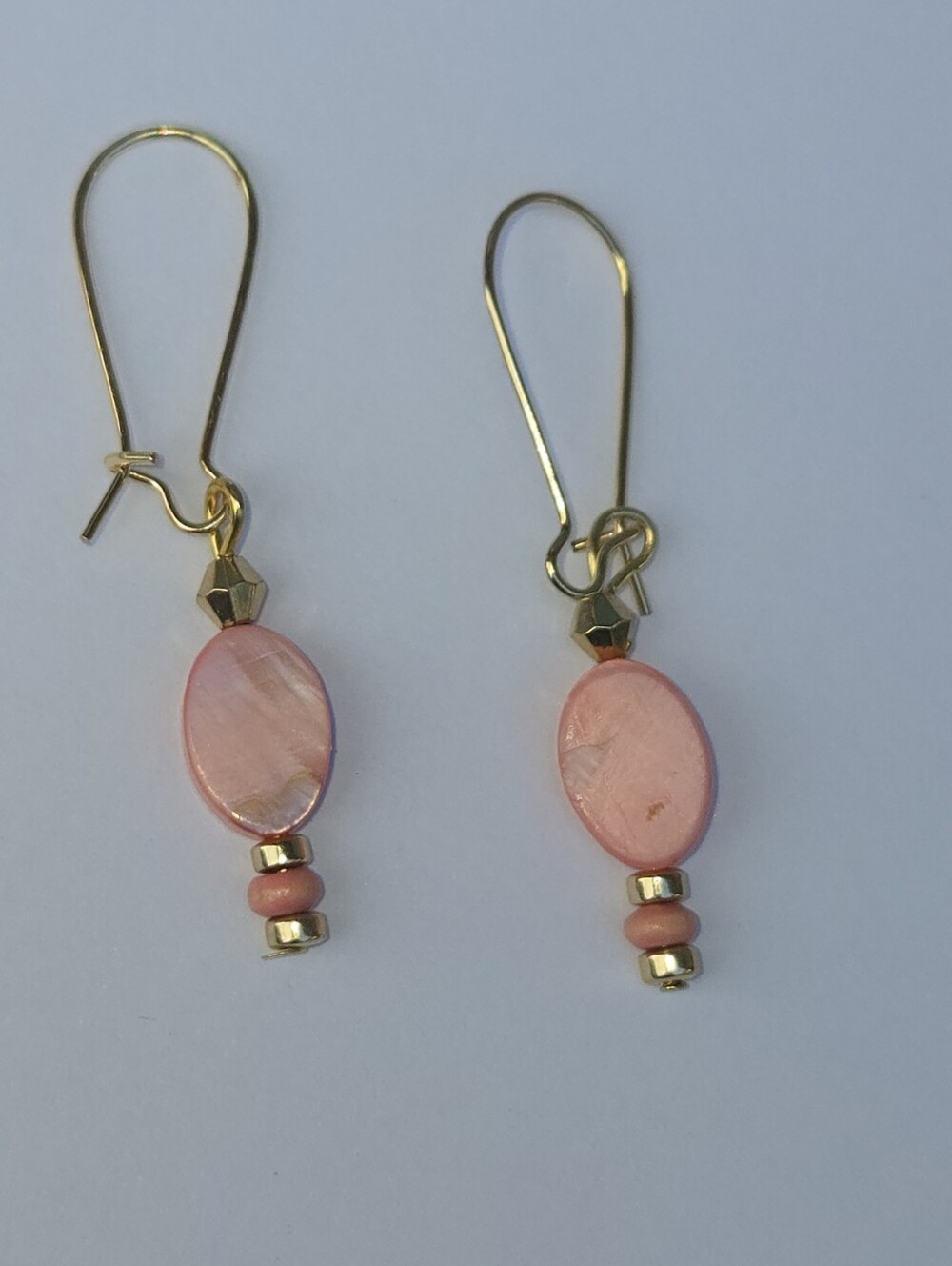 Earth Art hand crafted artisan Pink Mother-of-Pearl and Gold Drop Earrings